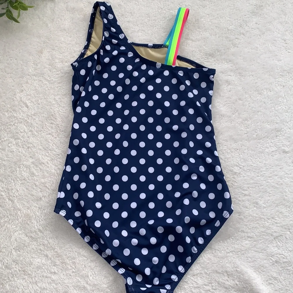 Land’s End Navy Polka Dot Rainbow Shoulder Swimsuit 10 EUC